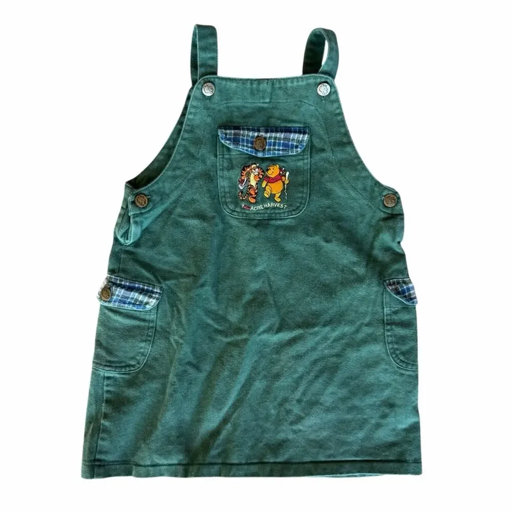 Vintage Winnie the Pooh Green Overalls Dress Girls Size 7/8